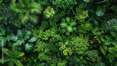 tropical rainforest canopy with epiphytes and plants  featuring a variety of colorful flowers and leaves