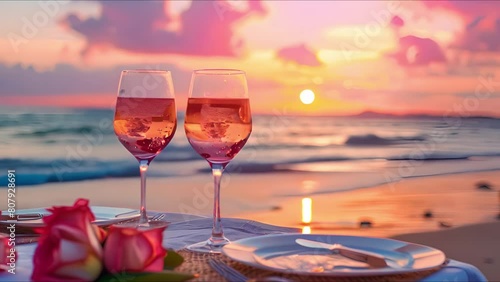 Summer love. Romantic sunset dinner on the beach. Table honeymoon set for two with luxurious food, glasses of rose wine drinks in a restaurant with sea view. Happy valentines day. Ai Footage.