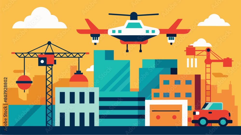 The drone flying over a busy construction site capturing the bustling activity and progress being made on multiple projects at once.. Vector illustration