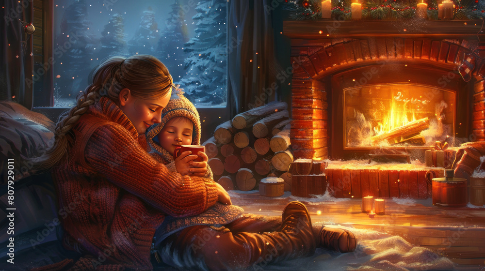 A mother and her child snuggled up by the fireplace, sipping hot cocoa and sharing stories on a cold winter's night.