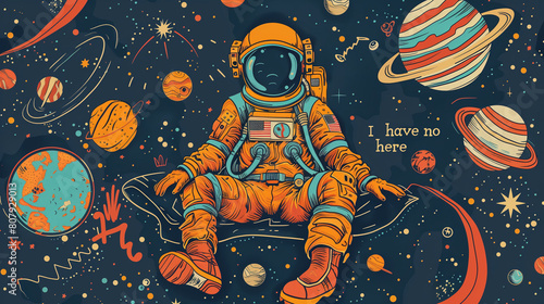 Astronaut Floating in Space with Planetary Illustrations
