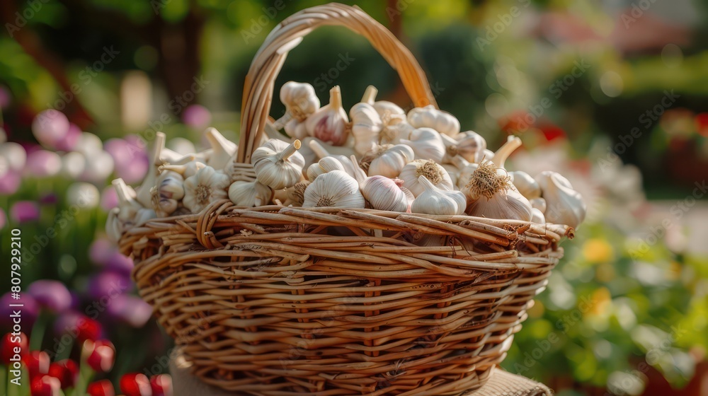 basket full of fresh garlic, surrounded endless field with green plants, creating a natural environment basket full of fresh garlic, surrounded endless field with green plants, creating a natural environment