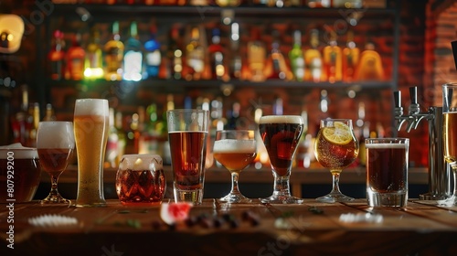 various types of alcoholic drinks and beer on the bar in a tavern.