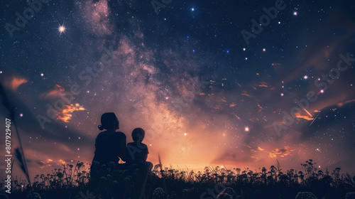 A mother and her child stargazing together, marveling at the beauty of the night sky and sharing dreams.