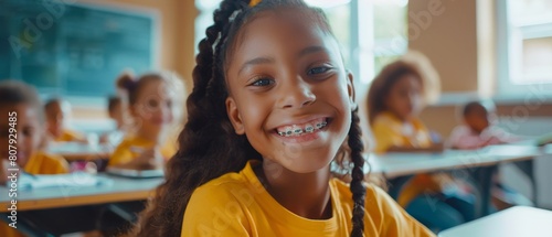 Picture of a brilliant, black girl with braces writing in her exercise notebook. A junior classroom with a diverse group of children learning new skills. Portrait of black girl with braces smiling