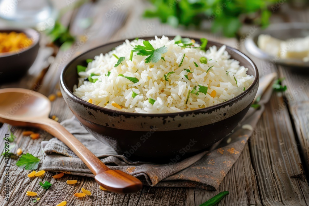 Bowl of rice with garlic and parsley on a wooden table Bowl of rice with garlic and parsley on a wooden table