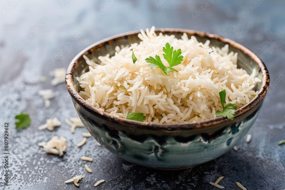 Bowl of rice with garlic and parsley on a wooden table Bowl of rice with garlic and parsley on a wooden table
