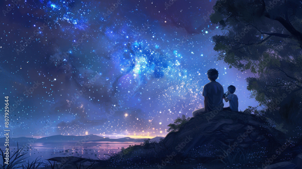 A mother and her child stargazing together, marveling at the beauty of the night sky and sharing dreams. A mother and her child stargazing together, marveling at the beauty of the night sky and sharing dreams.