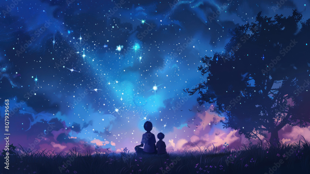Fototapeta premium A mother and her child stargazing together, marveling at the beauty of the night sky and sharing dreams.