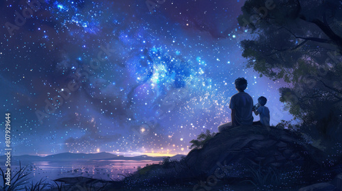 A mother and her child stargazing together  marveling at the beauty of the night sky and sharing dreams.