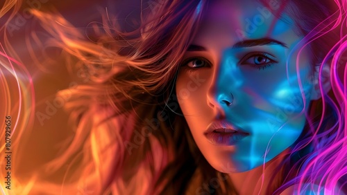 Futuristic portrait of a young woman with reflective colorchanging background. Concept Futuristic Theme, Young Woman, Reflective Background, Colorchanging, Portrait