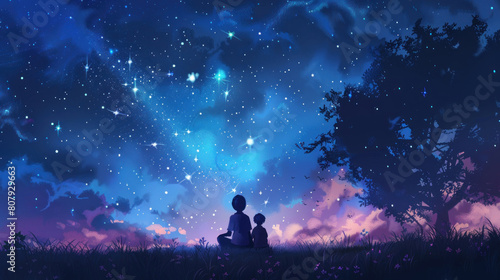A mother and her child stargazing together  marveling at the beauty of the night sky and sharing dreams.