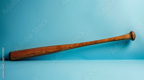 A wooden baseball bat sits on a blue background. The bat is old and well-used, with a dark brown finish. photo