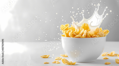 Corn flakes with milk splash in white bowl isolated on white background --ar 16:9