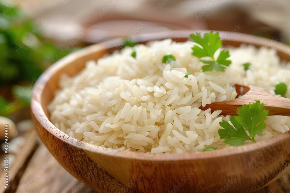 Bowl of rice with garlic and parsley on a wooden table Bowl of rice with garlic and parsley on a wooden table