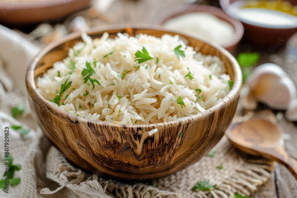Bowl of rice with garlic and parsley on a wooden table Bowl of rice with garlic and parsley on a wooden table