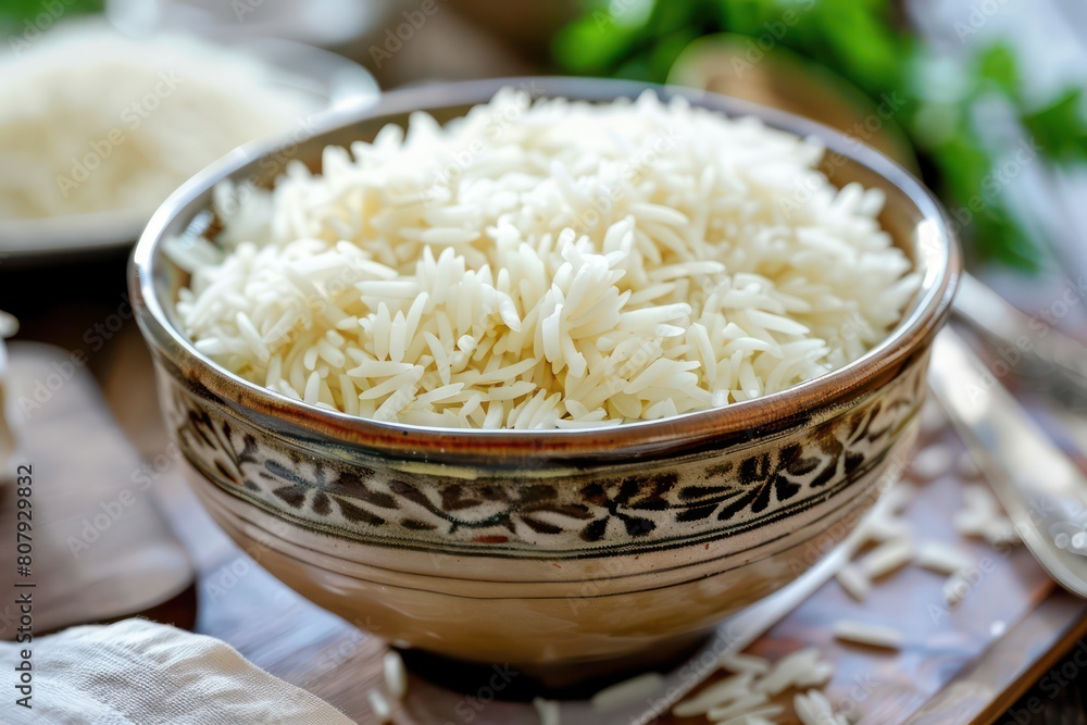 Bowl of rice with garlic and parsley on a wooden table Bowl of rice with garlic and parsley on a wooden table
