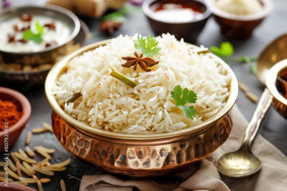 Bowl of rice with garlic and parsley on a wooden table Bowl of rice with garlic and parsley on a wooden table