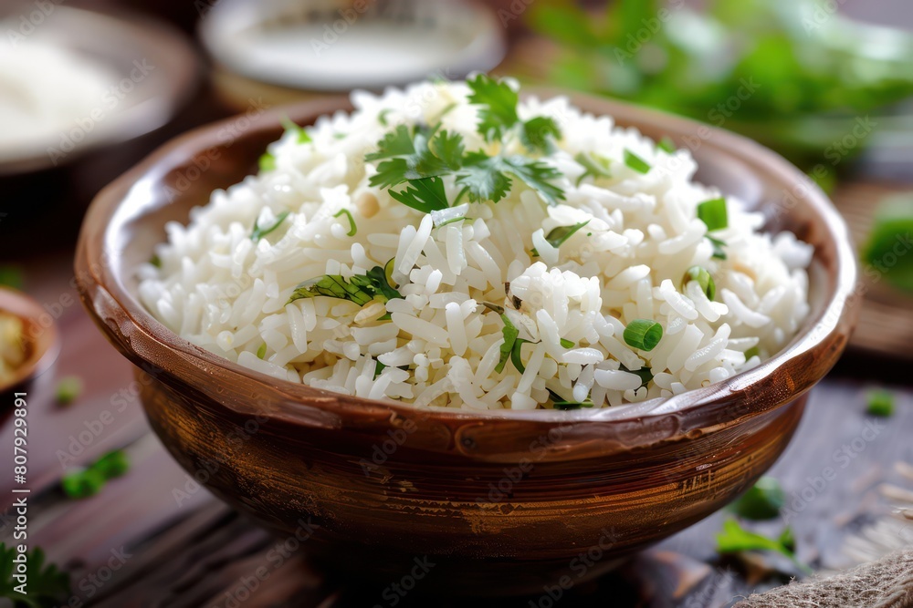 Bowl of rice with garlic and parsley on a wooden table