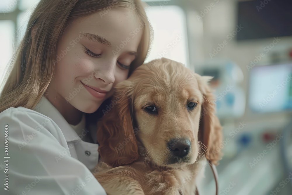 veterinarian doctor holding a dog in her arms, bright hospital room veterinarian doctor holding a dog in her arms, bright hospital room