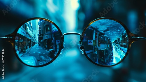  A pair of glasses with blue-tinted lenses reflecting the interior and exterior of an urban street scene, creating a surreal effect in a closeup shot