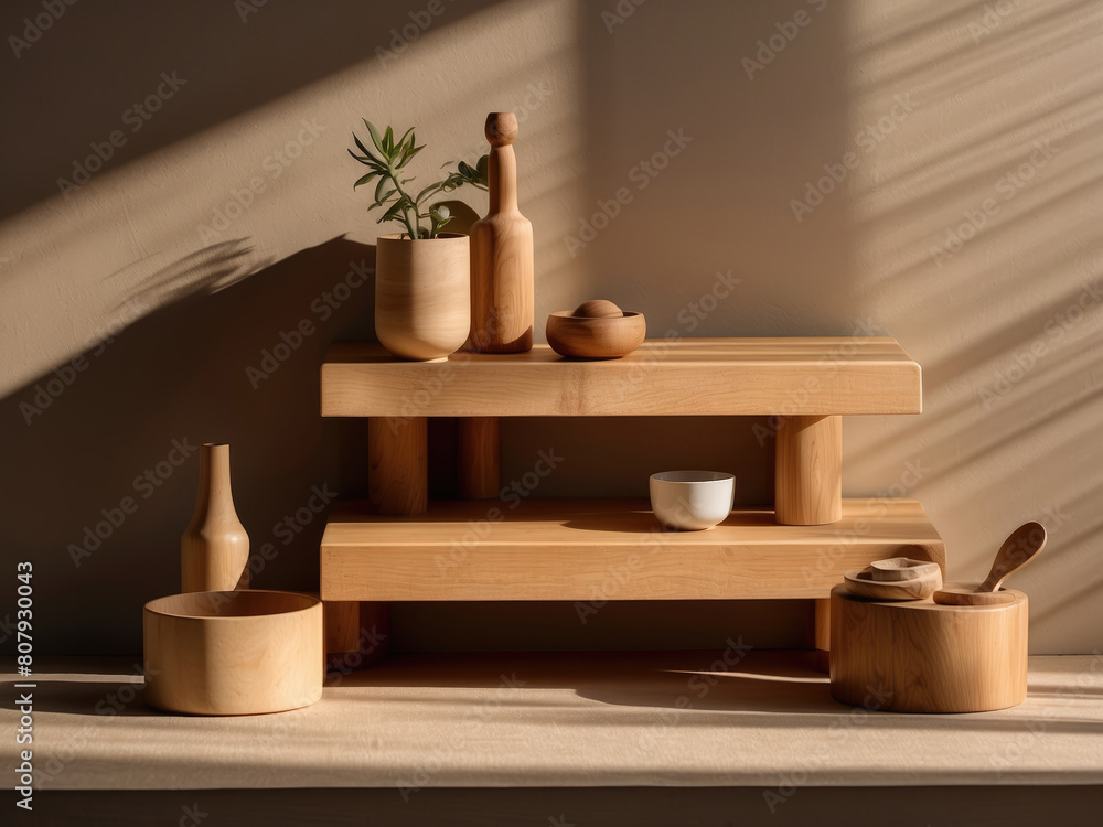 Modern minimal product display with wood and neutral background Modern minimal product display with wood and neutral background