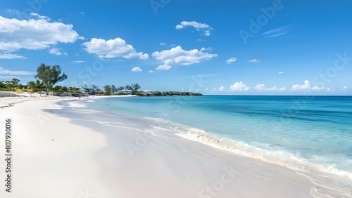 Enjoy a serene white sand beach with a picturesque blue ocean view. Concept Beach Getaway, White Sand, Blue Ocean, Serene Environment