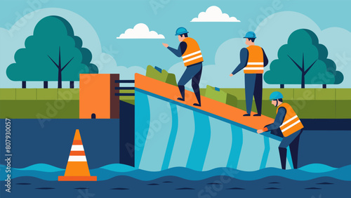 Workers installing flood gates at strategic points along the barrier to control the flow of water and prevent overtopping.. Vector illustration