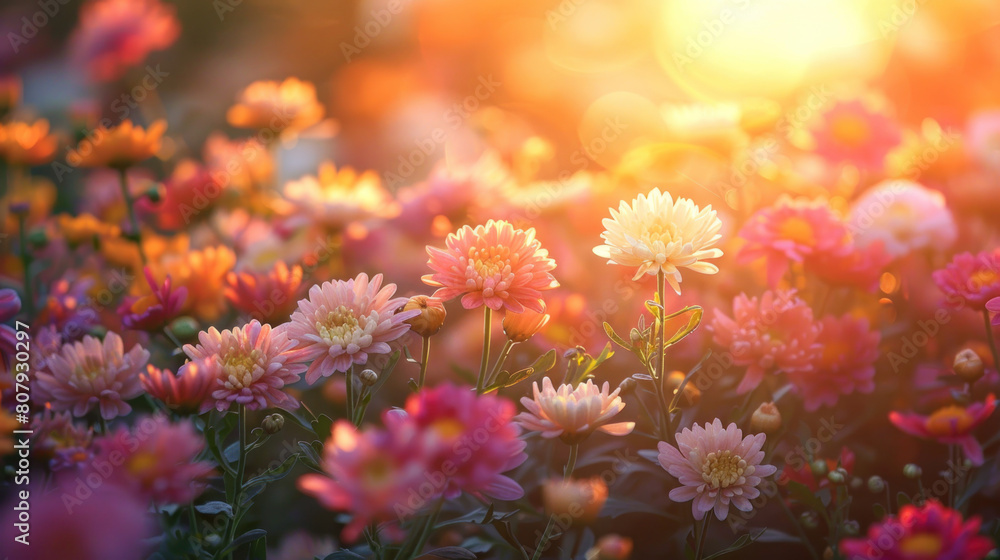 Obraz premium A picturesque tableau of a sunset over a field of chrysanthemums, their colorful blooms glowing in the warm, golden light of evening.