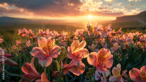 A picturesque tableau of a sunset over a field of alstroemeria flowers, their striped petals catching the last rays of sunlight before nightfall. photo