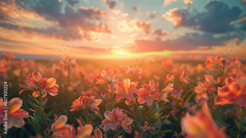 A picturesque tableau of a sunset over a field of alstroemeria flowers  their striped petals catching the last rays of sunlight before nightfall.