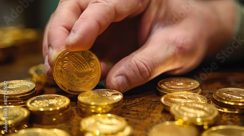 Gold coins, pile of gold coin , shiny and golden, background is the treasure room of an ancient pirate king