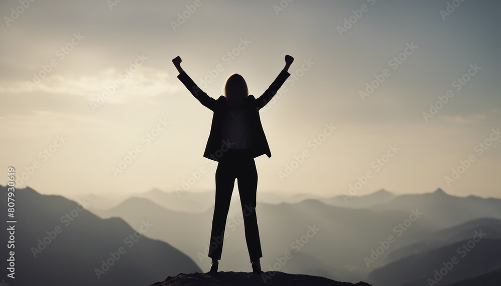 Fototapeta premium silhouette of a business women in a suit standing on a high mountain peak with one hand raised in a fist