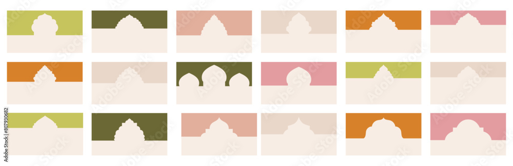 Assortment of diverse geometric forms for website headers or footers adorned with Islamic-style window patterns. Separator template on landing pages to structure design layouts in vector flat design. Assortment of diverse geometric forms for website headers or footers adorned with Islamic-style window patterns. Separator template on landing pages to structure design layouts in vector flat design.