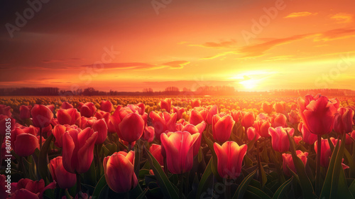 A stunning sunset casting a warm  golden glow over a field of vibrant tulips  creating a scene of breathtaking beauty.