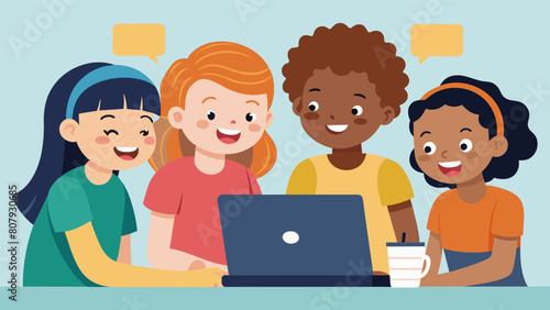 A group of kids huddled around a laptop laughing and collaborating as they work on their latest coding project together at a youth coding symposium.. Vector illustration