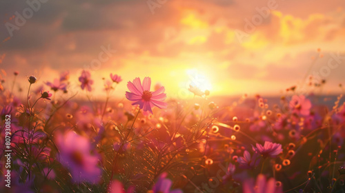 An enchanting panorama of a sunset over a meadow filled with cosmos flowers, their delicate petals dancing in the evening breeze.