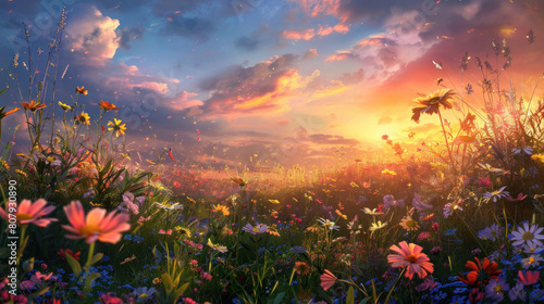 An enchanting panorama of a sunset over a meadow filled with zinnia flowers, their vibrant colors ablaze in the fading light of day.
