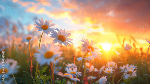 An enchanting panorama of a sunset over a meadow filled with daisies, their cheerful faces turned toward the sky as if basking in the warmth of the fading light.