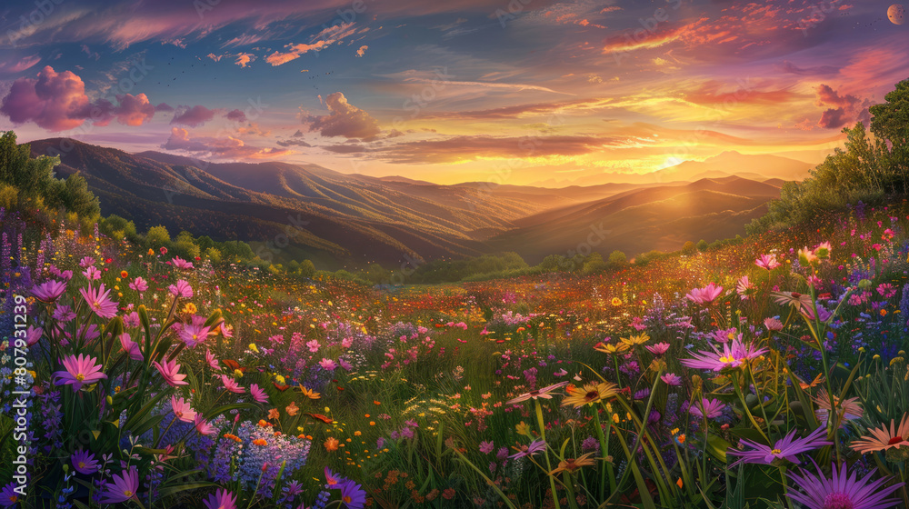 An enchanting panorama of a sunset over a meadow filled with cosmos flowers, their delicate petals dancing in the evening breeze. An enchanting panorama of a sunset over a meadow filled with cosmos flowers, their delicate petals dancing in the evening breeze.