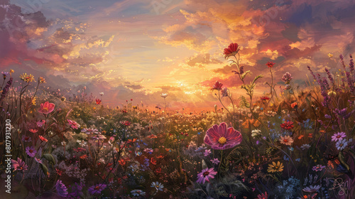 An enchanting panorama of a sunset over a meadow filled with cosmos flowers, their delicate petals dancing in the evening breeze.