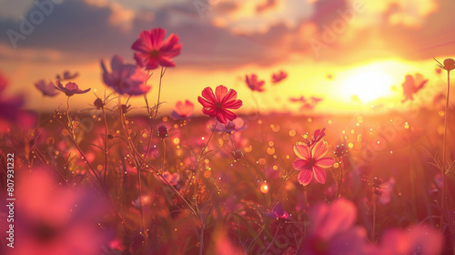 An enchanting panorama of a sunset over a meadow filled with cosmos flowers, their delicate petals dancing in the evening breeze. © Santy Hong