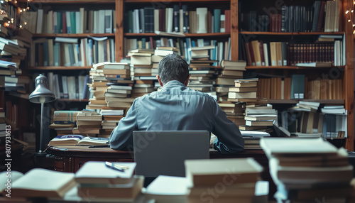 A man is sitting at a desk with a laptop and a pile of books