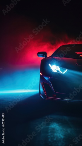 supercar colorful front light, dark road background