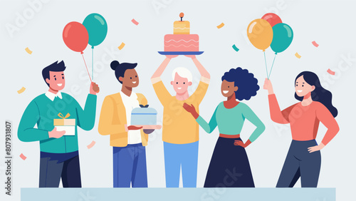 A group of coworkers surprising their colleague with a cake and balloons celebrating their return to work after taking time off to focus on their.