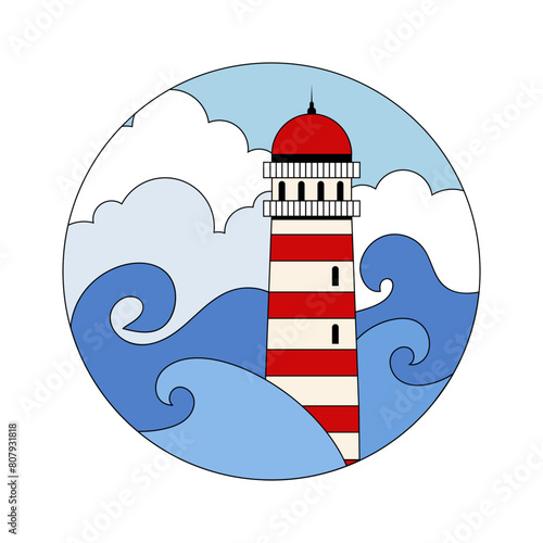 Simple lighthouse print. Red and white lighthouse among waves of sea. Marine emblem. Navigation.  Icon vector symbol
