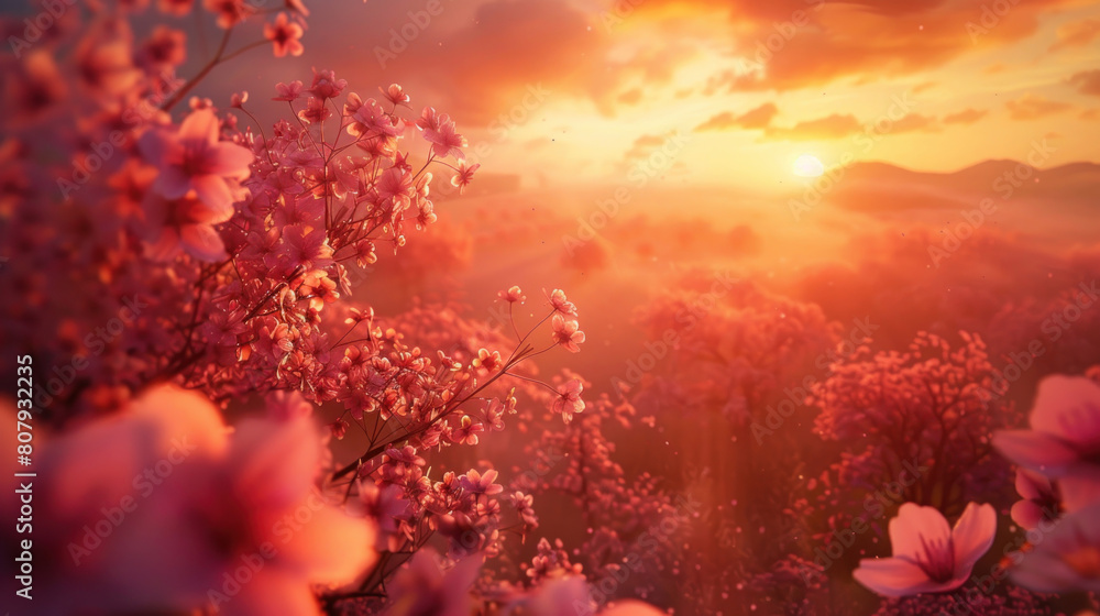 The ethereal beauty of a sunset over a field of cherry blossoms, their delicate pink blooms illuminated by the warm, amber light of dusk. The ethereal beauty of a sunset over a field of cherry blossoms, their delicate pink blooms illuminated by the warm, amber light of dusk.