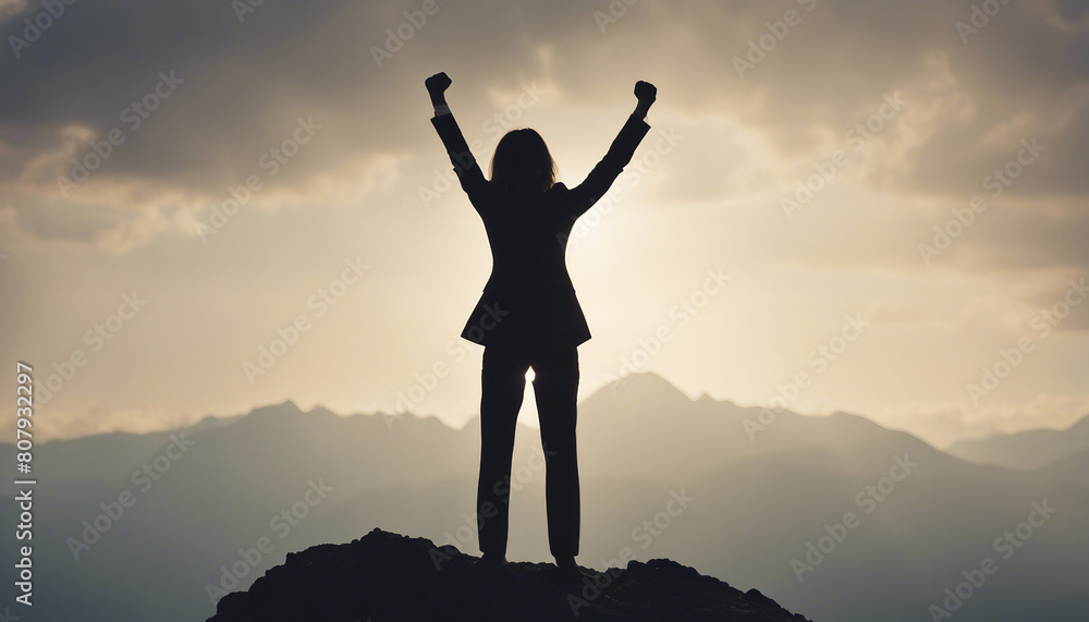 silhouette of a business women in a suit standing on a high mountain peak with one hand raised in a fist
