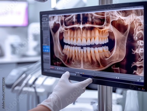 dental design software on the screens, with teeth and jaw images in a white office desk