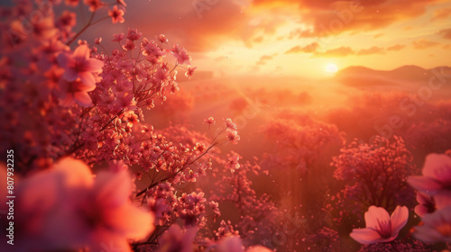 The ethereal beauty of a sunset over a field of cherry blossoms, their delicate pink blooms illuminated by the warm, amber light of dusk.